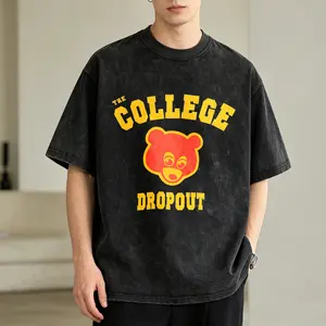 Men's Vintage Washed T-Shirt The College Dropout Bear Logo Oversized Graphic Tee Outdoor Casual Short Sleeve