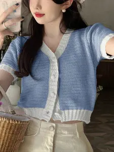Women's Colorblock Short Sleeve Vneck Fitted Button Crop Cardigan, Casual Open Front Knit Top for Summer, Fashion Women's Knitwear for Daily Wear, Womenswear, Knitwear Tops