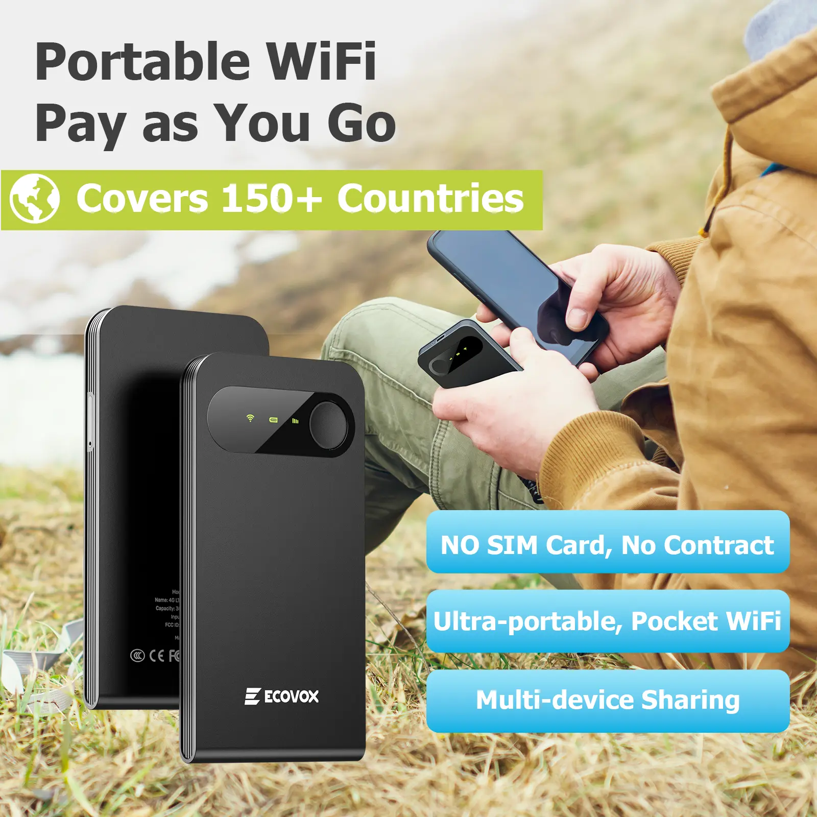 ECOVOX Wireless WiFi Hotspot, 4G LTE Pay-as-You-Go Portable Internet Device, No SIM Card/Contract, Auto Network Switching, 1-Port Single-Band, 9 Connectable Devices, Free 1GB Local Data for Campers, Outdoor Use Global Tri-Band Pocket Smart Touch TV user