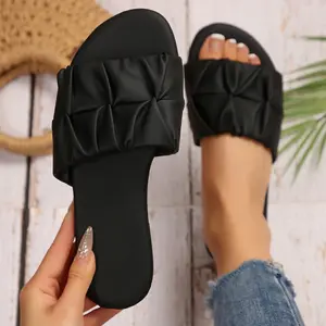 Women's Flat Sandals Fashion Square Open Toe Slides With Chic Pleated Slippers for Summer Springfresh