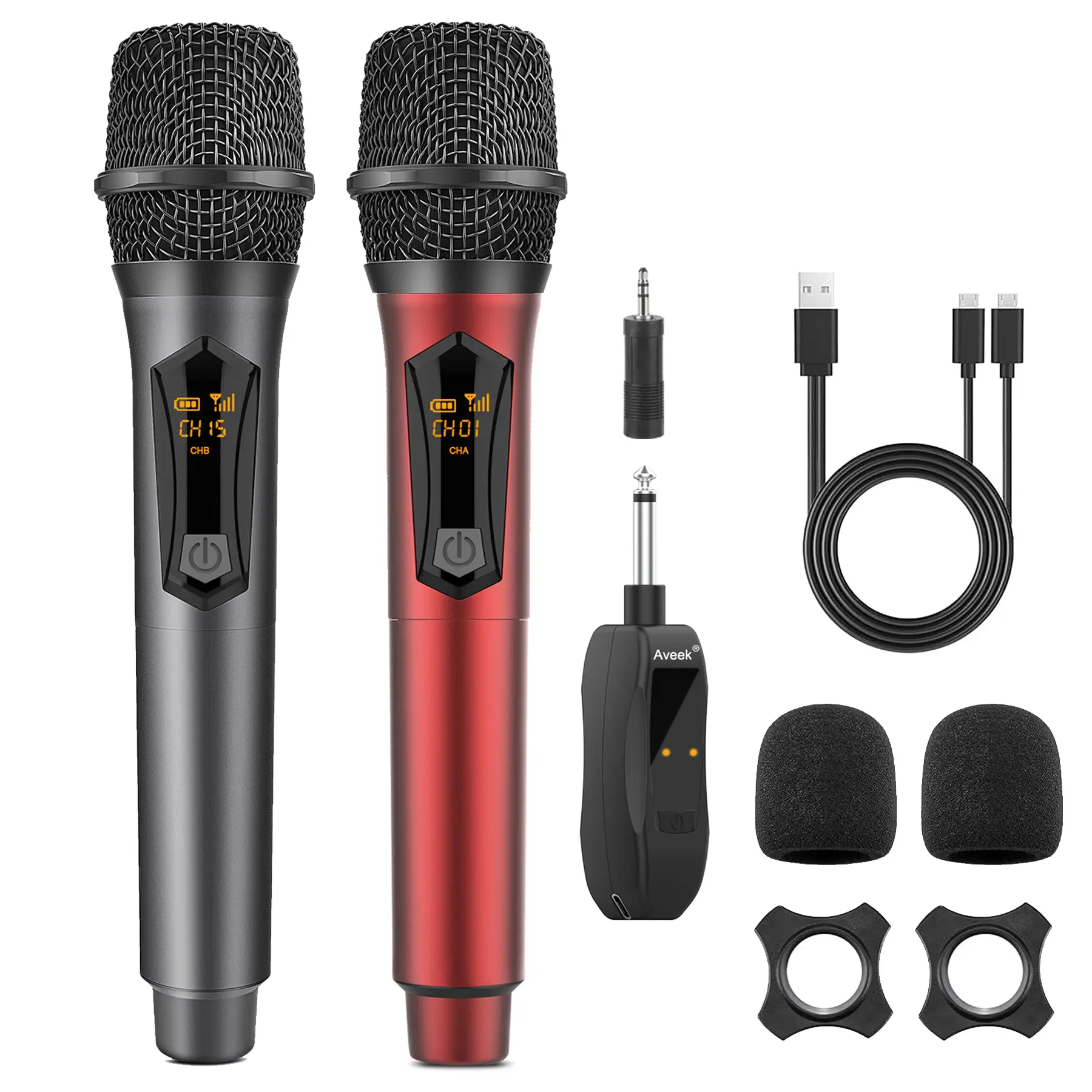 Aveek Wireless Microphones, Karaoke Microphone Rechargeable 2.4GHz (Work 10hs) for Karaoke Machine,Amplifier Speaker,Mixer,Dynamic Mic for Karaoke,Speech,Wedding,Church, Grey&Red, 2 Packs