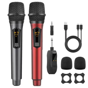 Aveek Wireless Karaoke Microphone, Rechargeable Dynamic Mic (Up to 10 Hours), Receiver with 1/4'' & 1/8'' Outputs, Plug and Play, Grey & Red, 2-Pack, Ideal for Speaker, Karaoke Machine, Church, Speech, Wedding & Party Singing
