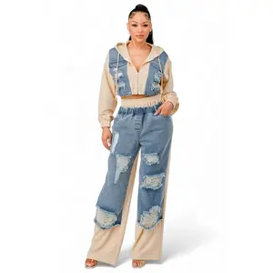Denim Patchwork Hoodie & Wide-Leg Pant Set