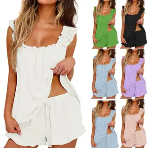 Women's 2-Piece Ruffle Pajama Set - Lightweight Tank Top & Shorts Sleepwear - Spring Lounge PJs