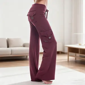 Women's Yoga Pant High Waist Casual Cargo Pants with Pockets Comfortable Soft Bottom Gym Stretchy Womenswear Elastic Sporty Fit Leggings Style Workout Everyday Fitness