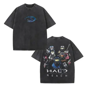 Halo Reach Spartan Team Double Sided Graphic T Shirt Acid Washed Black Cotton Oversized Short Sleeve Crewneck Streetwear Casual Daily Fashion Top Retro Sci Fi Game Print Apparel for Halo Fans All Season Loose Fit Outfit
