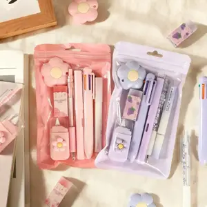 7 Pcs Blue Kawaii Stationery Set for School & Office, Cute Writing Supplies with 6-in-1 Pen Gel Pen Eternal Pencil Highlighter Eraser Correction Tape Utility Knife, Aesthetic Desk Decor Gift for Girls Boys Teens Students,pen