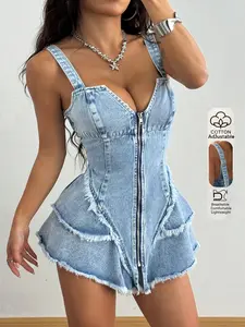 Women's Zipper Front Patchwork Denim Short Jumpsuit Skirt, Faux Fur Fringe Decor, Adjustable Straps, Casual Fashion Outerwear, Womenswear