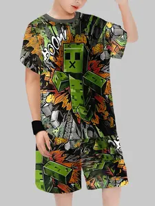 Minecraft Creeper Boom for Boys, Cool Cartoon Junior Short Sleeve T-Shirt and Shorts Set for Casual Wear, Trendy Gaming Fashion