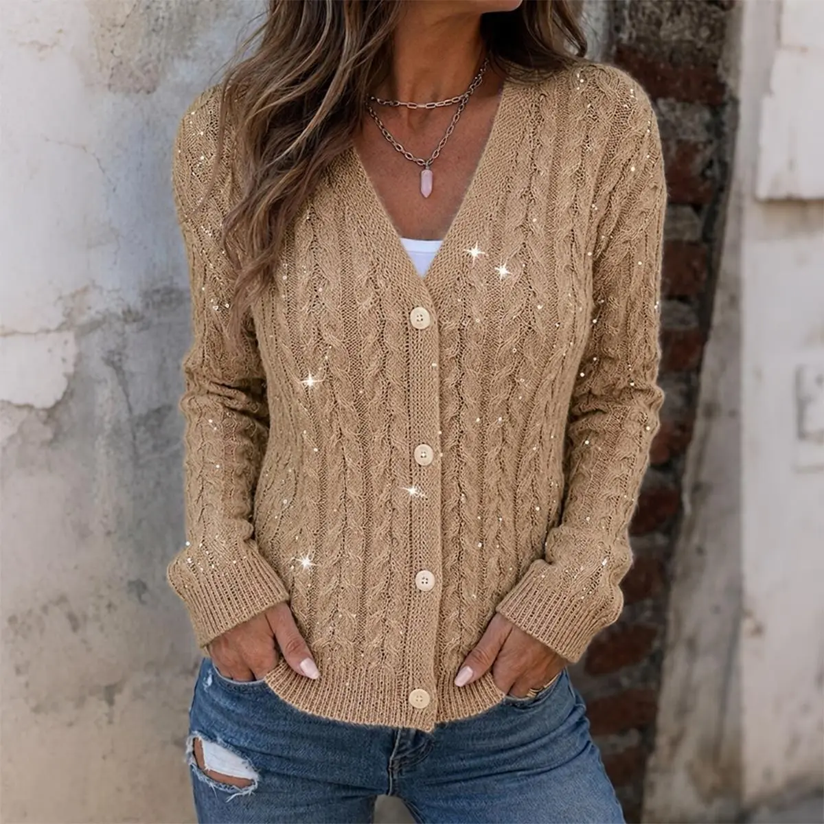 CHICME Women's Sequin Cable-Knit Cardigan - V-Neck, Button-Down, Slim-Fit, Long-Sleeve Sweater with Versatile Pairing for Jeans, Skirts, Crafted from Premium Yarn Fabric (Women's Knitwear Collection), Fitted, Breathable, Casual, Cropped, Longsleeves, Soft