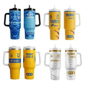 The Tigres UANL premium stainless steel insulated mug with handle and straw – Tecate Afirme edition, 40oz (approximately 1.9 liter) capacity, ideal for travel.