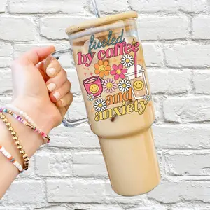 Fueled by Coffee And Anxiety Iced Coffee Glass Tumbler with Lid and Straw - Aesthetic Drinkware with Bamboo Lid