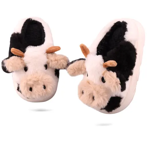 gozen Women's Chic Cartoon Cow Animal Warm House Slippers - Ankle-Covered Youth Sizes, Faux Fur Fabric Lining, Round Toe, Comfy Memory Foam, Non-Slip Indoor Footwear, Hand-Made Side Stitching, Perfect Gift