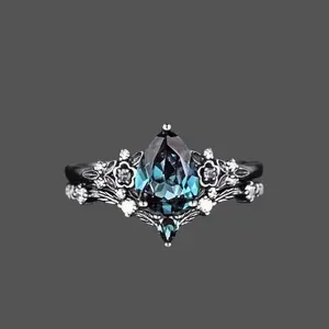 Zinc Alloy Engagement and Betrothal Ring Set with Classic Gothic Style – Unique Black Flower Bridal Jewelry Gift, or Perfect Accessory for Special Occasions such as Proposals, Weddings, Anniversaries, Valentine's Day, Holidays