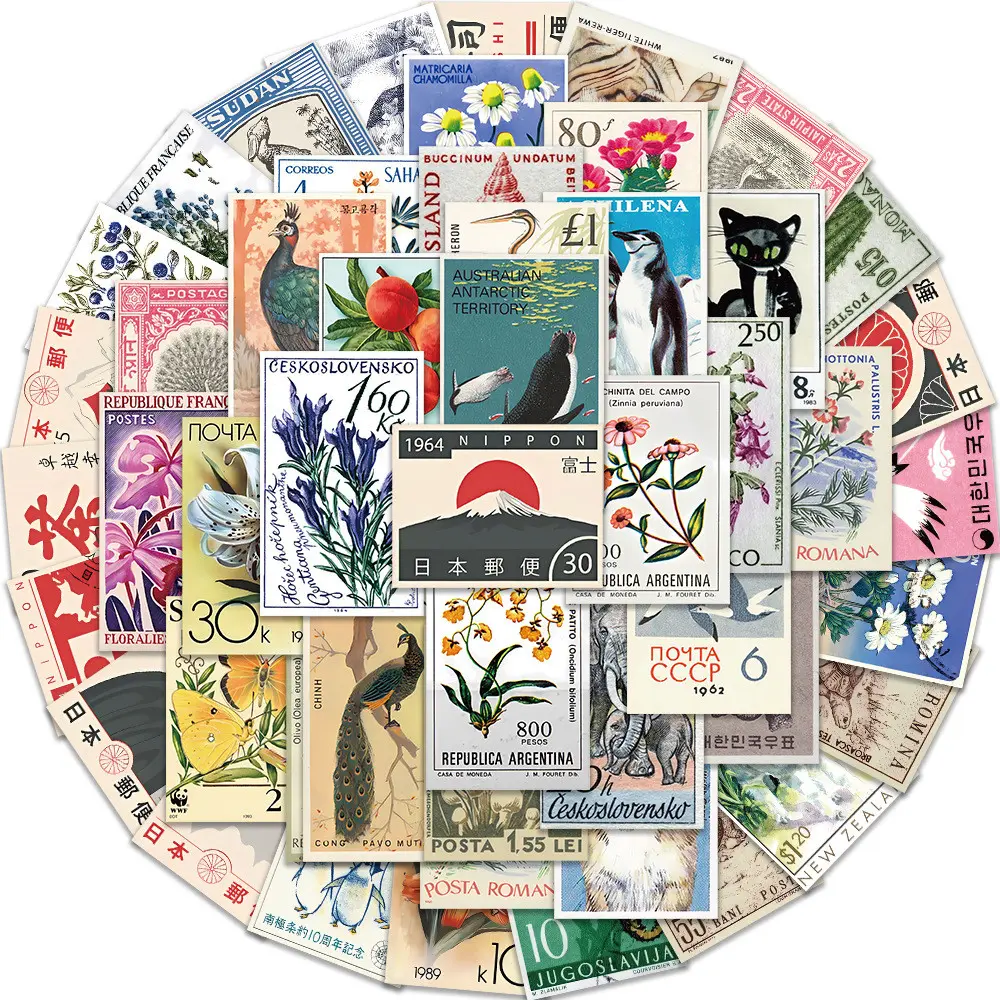 50PCS Cartoon Retro Japanese Stamps Graffiti Aesthetic Sticker Collage Pack Stickers for Scrapbooking Bicycle Hand Account Pencil Case Decals LanLanStickersWorld Decorative Stickers