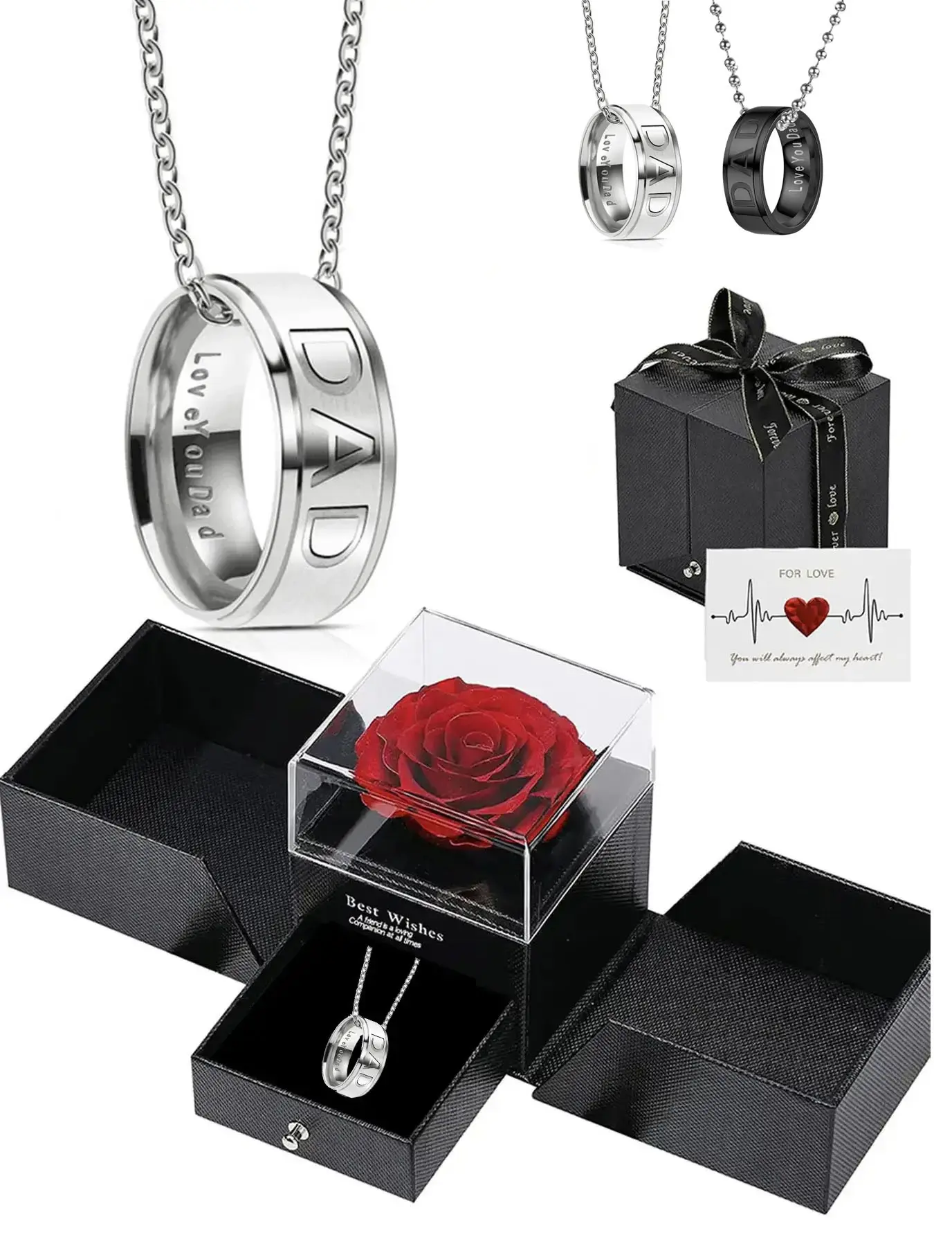Father's Day Gift Superhero Dad Engraved Ring Necklace, Personalized Necklace, Exquisite Chain Jewelry, Four Colors Available, Rose Box Included, Perfect Birthday & Anniversary Present