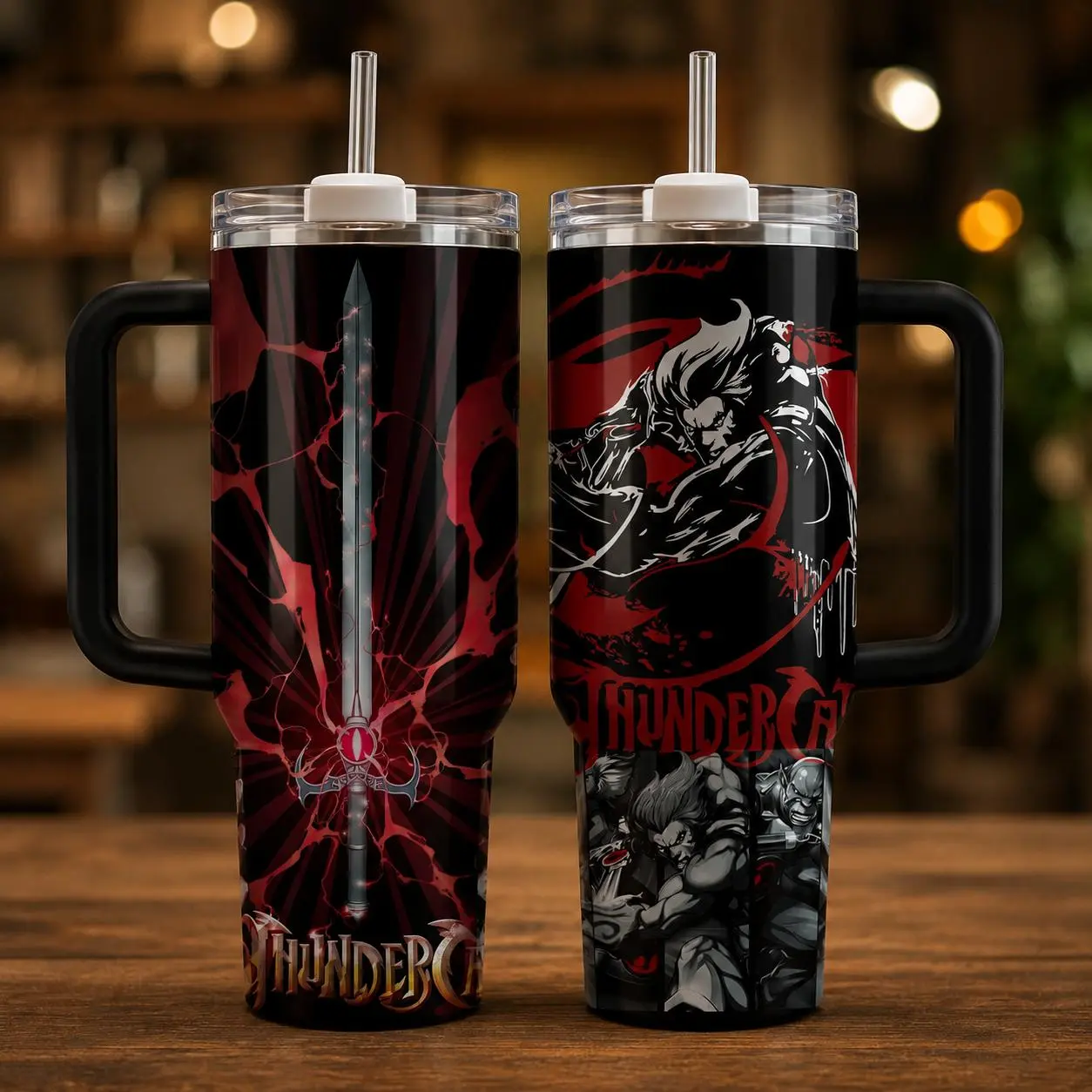 Retro Thunder Cats 40oz 30oz 20oz Travel Mug With Handle, Red Black Warrior Cat Design Stainless Steel Insulated Tumbler Cup With Straw