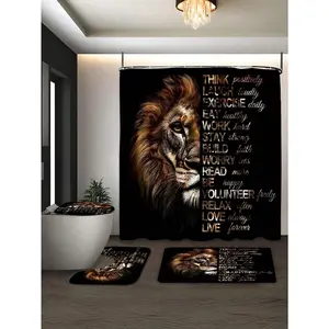 1/4 Pcs Powerful Lion Bathroom Curtain Set, Golden African Wildlife Masculine Stylish Bathroom Set With Shower Curtain And Rug, Motivational Quote Shower Curtain, With Bath Mat Set And 12 Hooks, Bathroom Home Decor Curtain, Bathroom Room Decoration