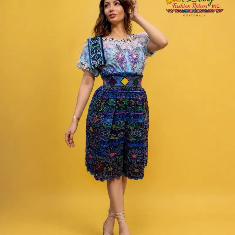 Women's 2-Piece Outfit, Traditional Guatemalan Statement Blouse with Embroidery Motifs and Striped Skirt for Cultural Festivals, Women's Clothes, Cultural Fabric, Guatemalan Motifs, Authentic Look, Striped Pattern, Statement Look, Women's Fashion