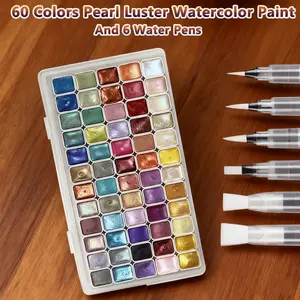 60 Colors Pearl Watercolor Pigment（with six brushes）: Metallic Solid Paint Portable Art Kit for Painting - Perfect Holiday Gifts for Artists, Art Drawing Supplies