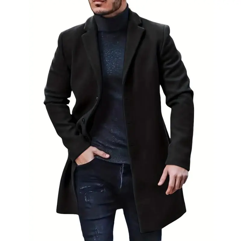 Men's Retro Single-Breasted Trench Coat - Menswear Plain Long-Sleeve Polyester Semi-Formal Warm Overcoat for Fall Winter Business Jackets, Tops, Fabric