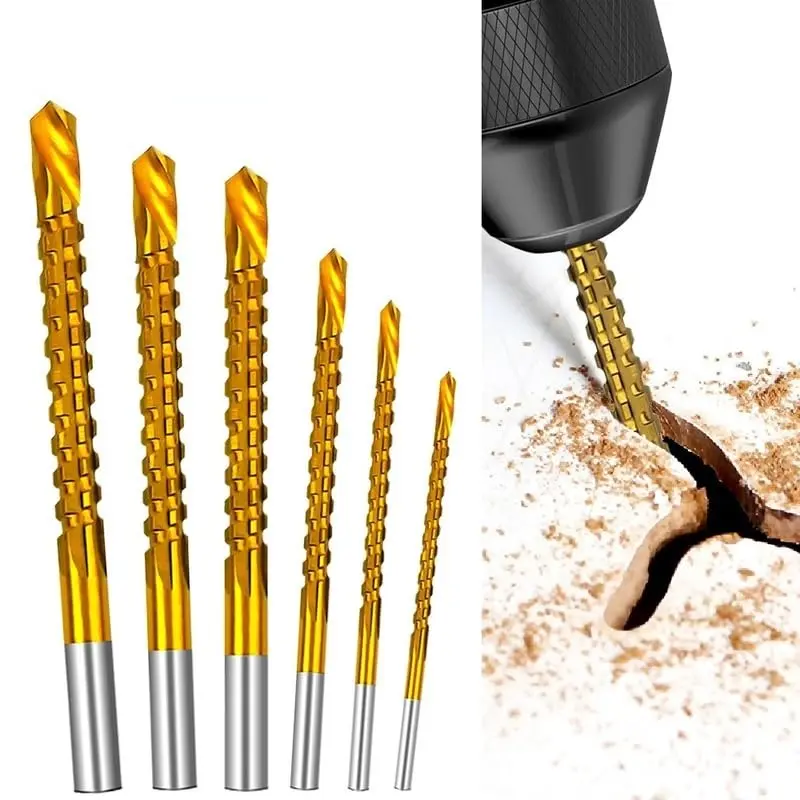 6 Pack 3-8mm Titanium-Plated High Speed Steel Drill Bits Set, Sharp Serrated Cutting Edge Anti-Rust Coating, Multi-Purpose Power Tool Accessories for Metal Wood Plastic Drilling