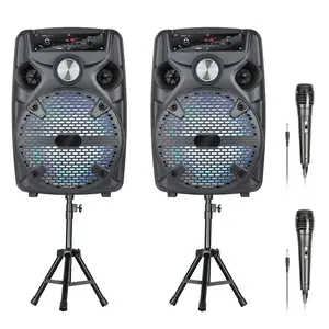 Powered PA Speaker System Active & Passive Bluetooth Loudspeakers Kit with 8 Inch Speakers, Wired Microphone, MP3/USB/SD/AUX Readers, Speaker Stands, Built-in Rechargeable Battery, Microphone for Home Camping