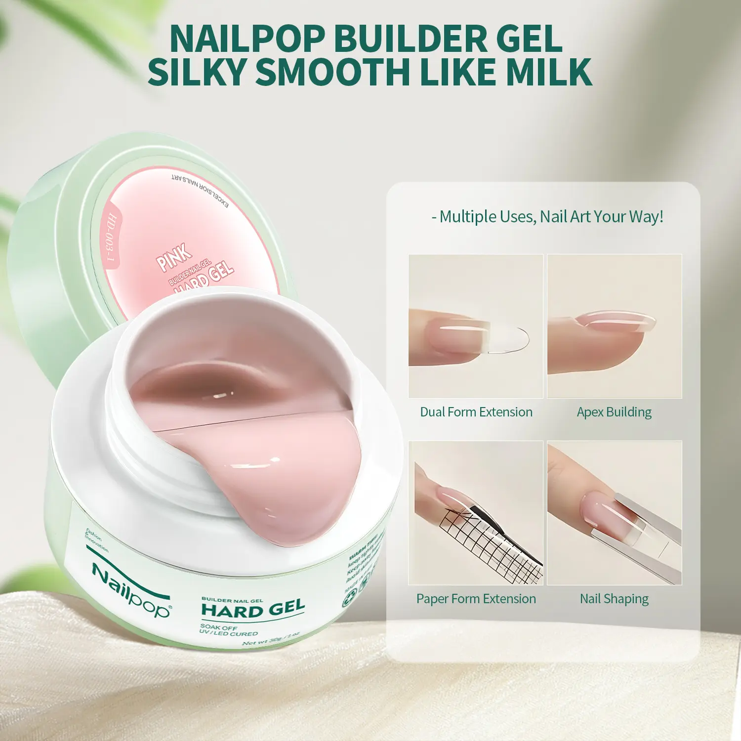 Nailpop Builder Hard Gel, 5-in-1 HEMA Free Nail Extension Gel, 30g Soak Off UV/LED Builder Gel for Apex Building, Nail Shaping, Nail Repair Smooth Salon