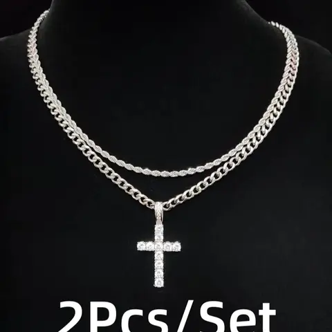 2-Piece Set Hip Hop Layered Chain, Rhinestone Cross Pendant - Men's & Women's Non-Tarnish Stainless Steel Necklaces, Men's Accessories, Gifts for Him, Daily Wear Jewelry