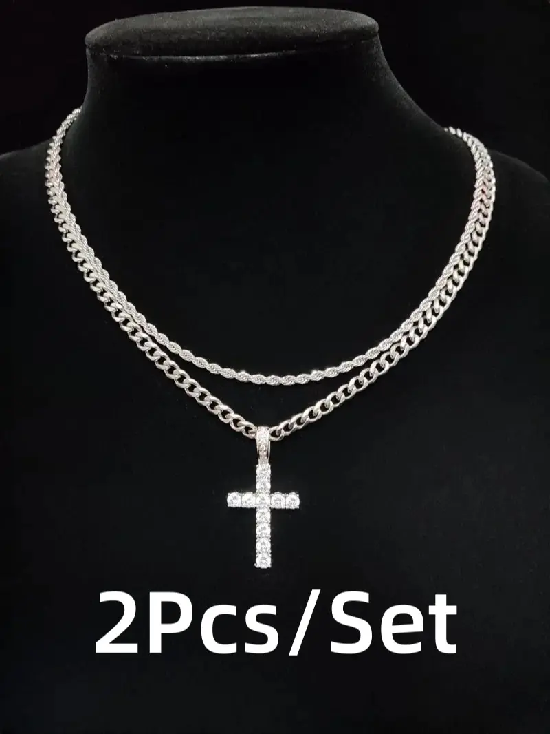 2Pcs/Set Hip Hop Layered Necklace & Rhinestone Cross Pendant Necklace for Daily Wear, Stainless Steel Jewelry for Men & Women, Classic Jewelry for Gift