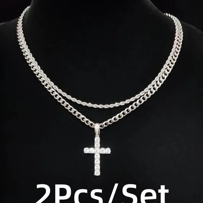 2-Piece Set Hip Hop Layered Chain, Rhinestone Cross Pendant - Men's & Women's Non-Tarnish Stainless Steel Necklaces, Men's Accessories, Gifts for Him, Daily Wear Jewelry