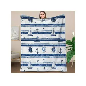 Nautical Blue & White Striped Throw Blanket with Sailboats, Anchors & Sun Motifs