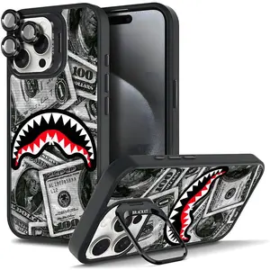 Shark Mouth Casing For iphone 17 16 15 14 13 12 11 AIR PRO PLUS MAX Hard TPU Metal lens frame Film With Bracket Stand Gift Shockproof Protection Anti-Drop Protective Protector Phone Cases Shell Cover
