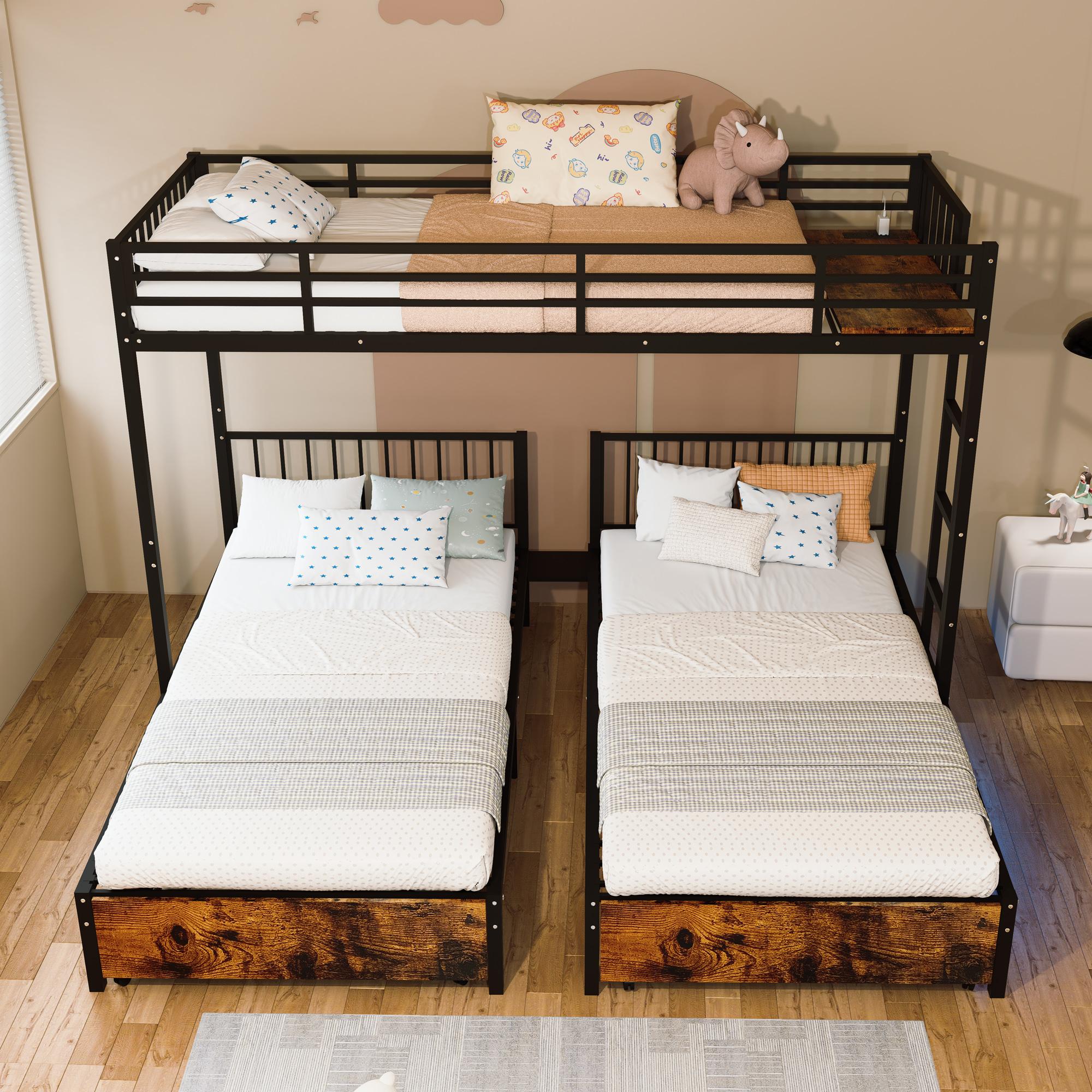 Triple Bunk Bed for 3 Kids, Metal Bunk Bed Frame with 2 Large Drawers and Charging Station, Metal Triple Bunk Beds, Separates Into 3 Twin Beds,Noise Reduced Structure, Black Triple Bunk Bed for 3 Kids, Metal Bunk Bed Frame with 2 Large Drawers and Charging Station, Metal Triple Bunk Beds, Separates Into 3 Twin Beds,Noise Reduced Structure, Black