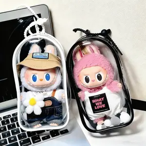 Colorful Transparent Protector Case Organizer Box for 17cm Labubu Plush Dolls Outdoor Display Bag With Keychain Doll labubu Accessories