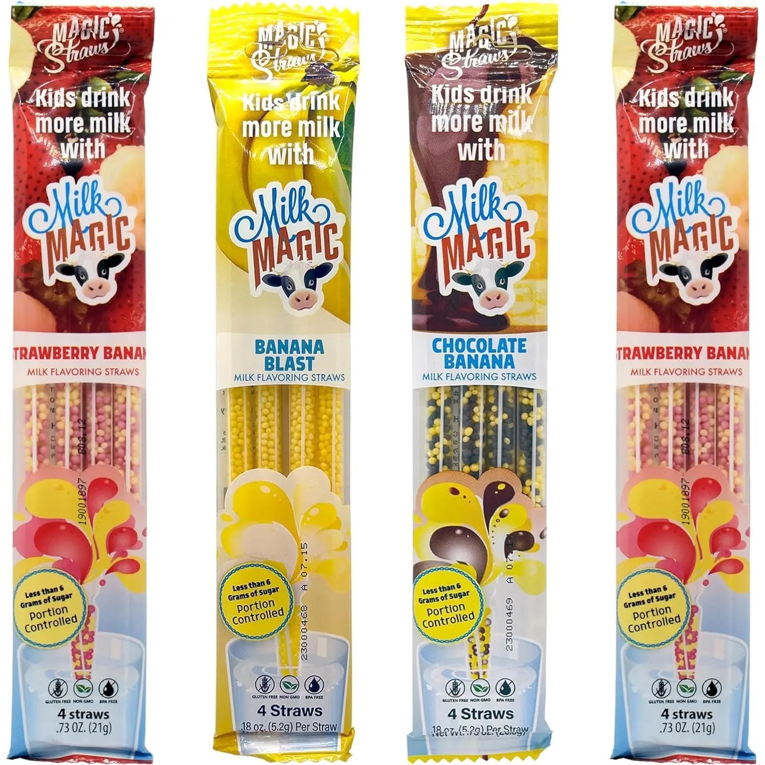 Milk Magic Milk Flavoring Straws, 4-Pack Bundle (16 count), Includes 8 Strawberry Banana, 4 Chocolate Banana, and 4 Banana Cereal Straws