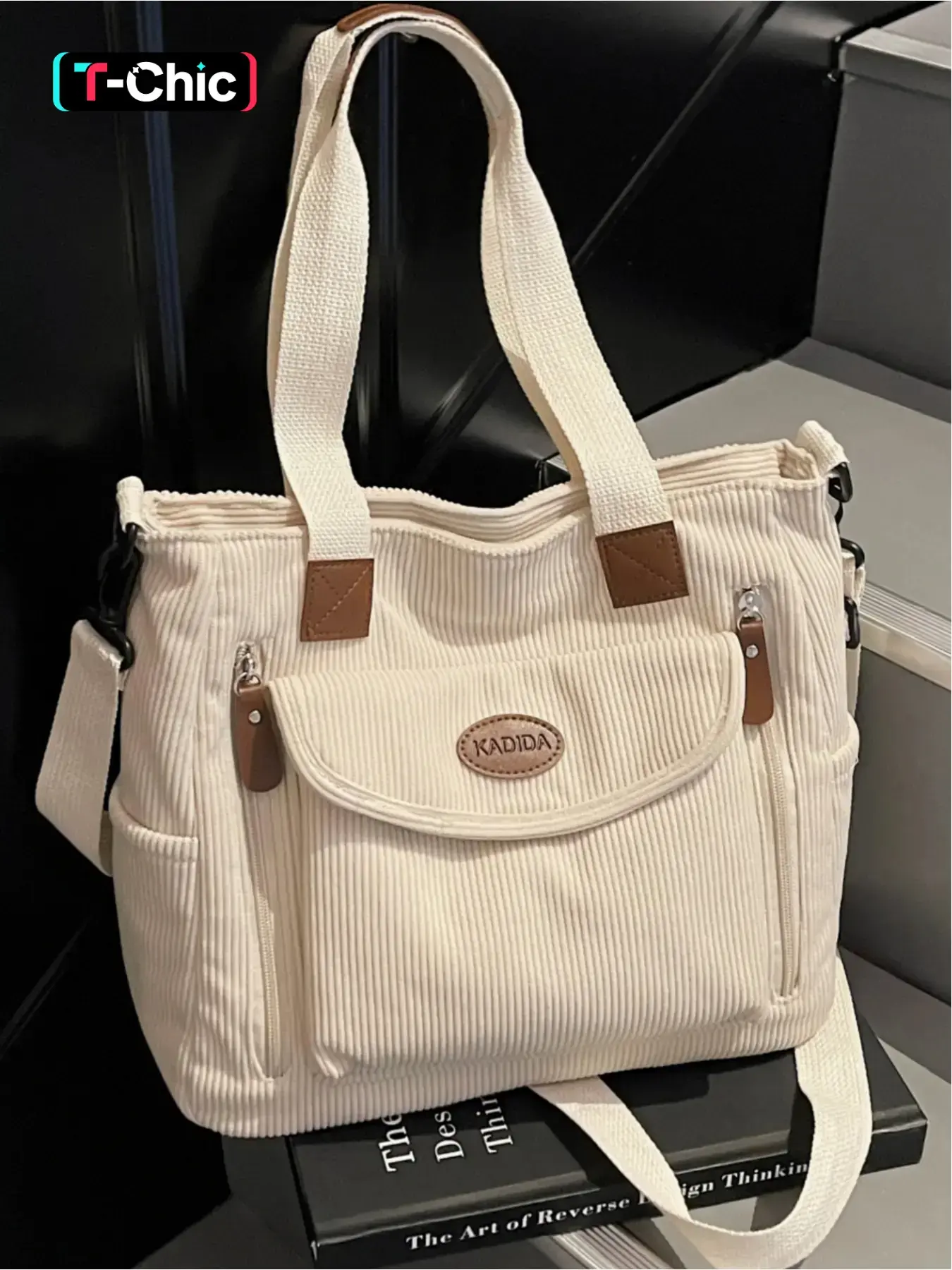 Large capacity corduroy Fashion tote bag, Soft commuter tote, multiple colors, soft texture with leather trim, multi-pocket design, simple and retro style, suitable for students, commuting, everyday wear, street style. Perfect for shopping, campus life
