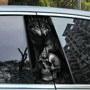 2pc Terror Wolf Car B Pillar Protection Sticker, Premium Skull Stickers, Skull Decal, Easy Peel & Stick, Sunproof Waterproof Scratch Resistant, Fits All Cars, Car Exterior Decoration