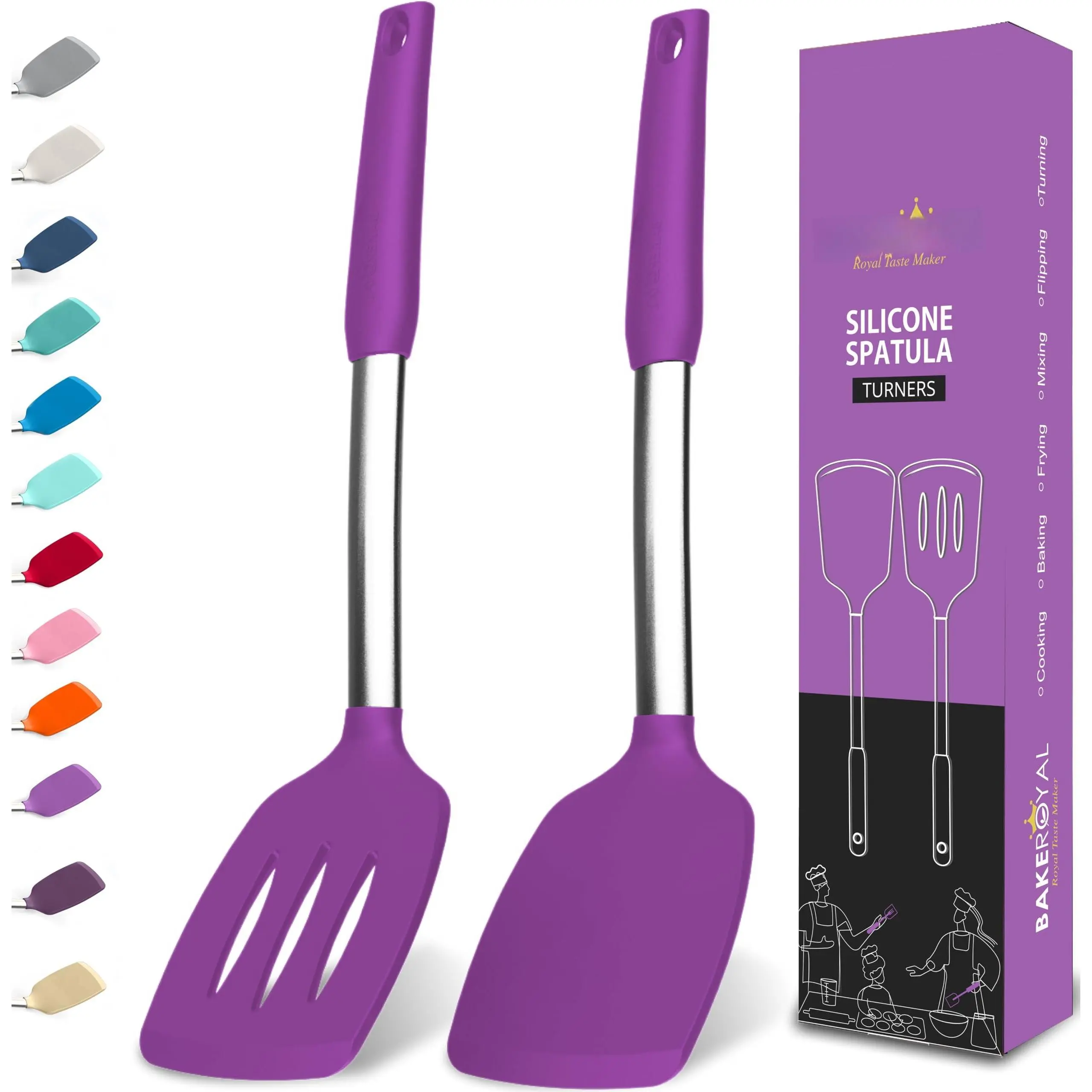 Silicone Spatula Set - Turner Spatulas Heat Resistant 600°f Slotted & Solid For Cooking Fish  Eggs Pancakes Flipper - Utensils Purple