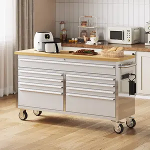 61In Rolling Tool Chest with 15 Drawers, Sturdy Rubber Wood Top, Locking Wheels, Power Outlets & USB Ports, Mobile Tool Storage Cabinet Workbench for Garage, Workshop, Warehouse, Home, Office