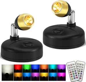 2 Pack Rechargeable RGBW LED Spotlights with Remote, Color Changing Accent Lights, Magnetic Display Lights for Wall Art, Shelf, Cabinet, Gold & Black outdoorfun USB Wireless RGB Lamp