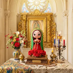 Handmade Crochet Our Lady of Guadalupe Doll - Virgin Mary Amigurumi Catholic Gift, Blessed Mother Religious Decor with Roses