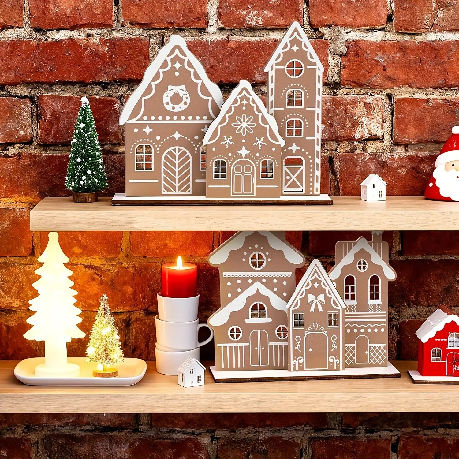 Christmas Gingerbread House Table Decor Set, Wooden Gingerbread House Kit with 6 Mini Houses and 2 Bases, DIY Farm Holiday Display, Rustic Style Desktop Ornament, Christmas Decorations, Festive Home Decoration, Party Decoration