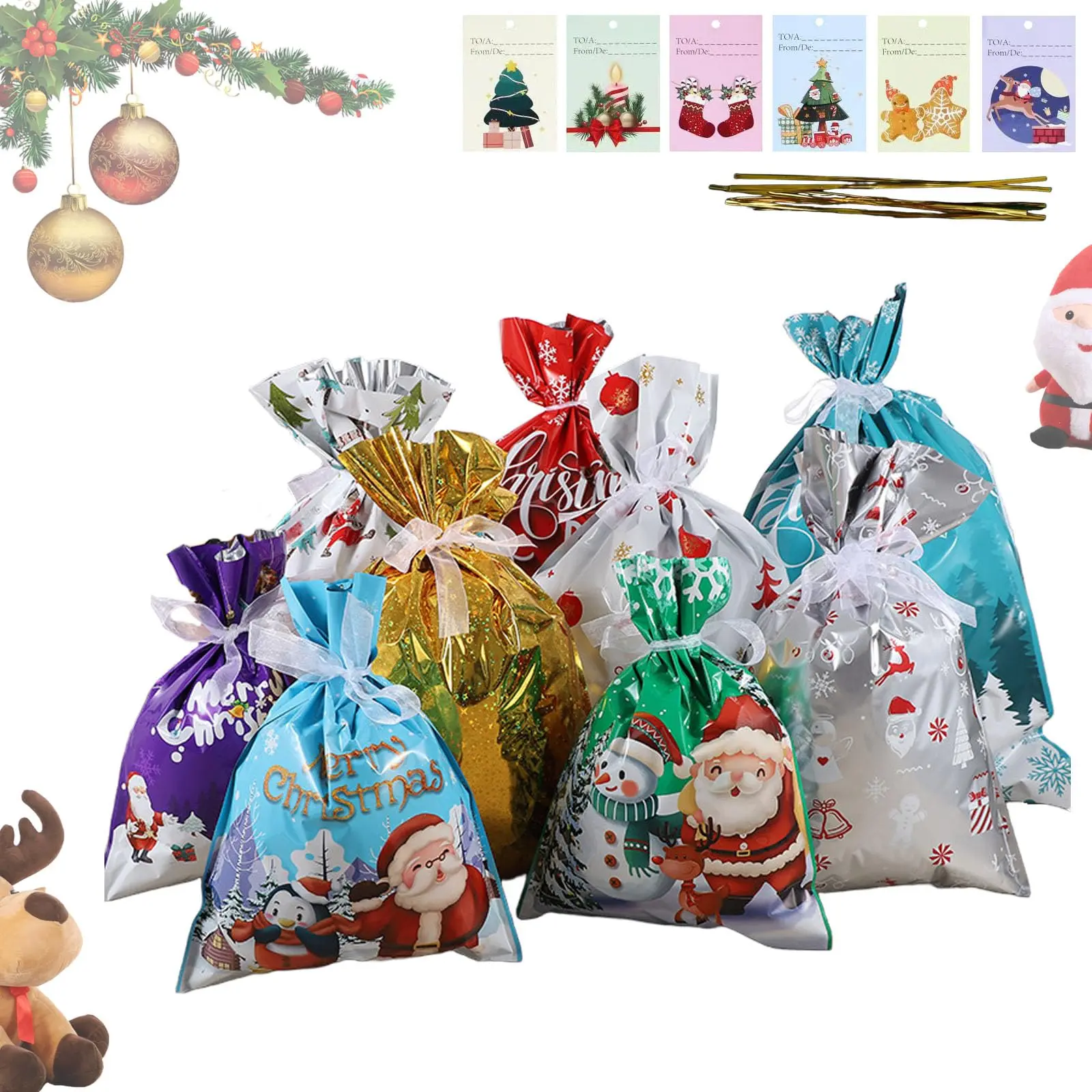 Unisex 18-Piece Foil Festive Wrapping Party Bags & Package Set with Ribbon Ties - Assorted Sizes (5), 18 Designs, Adult Christmas Santa Sacks, Bonfire/Ceremony Favors (Home Supplies, Party Supplies), Gift Wrapping