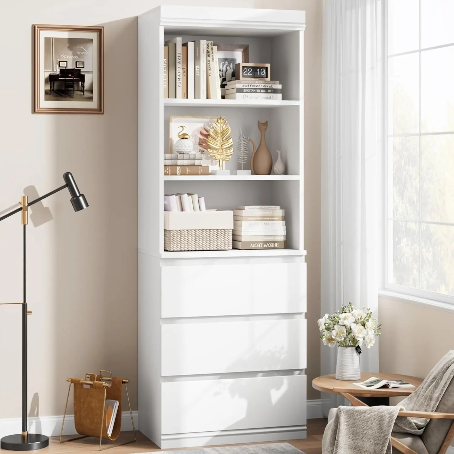 Bookcase with Drawers - Tall Bookshelf Farmhouse Bookcases Wooden Deep Bookshelves Storage Cabinet Organizer for Living Room/Study/Kitchen/Home Office - White