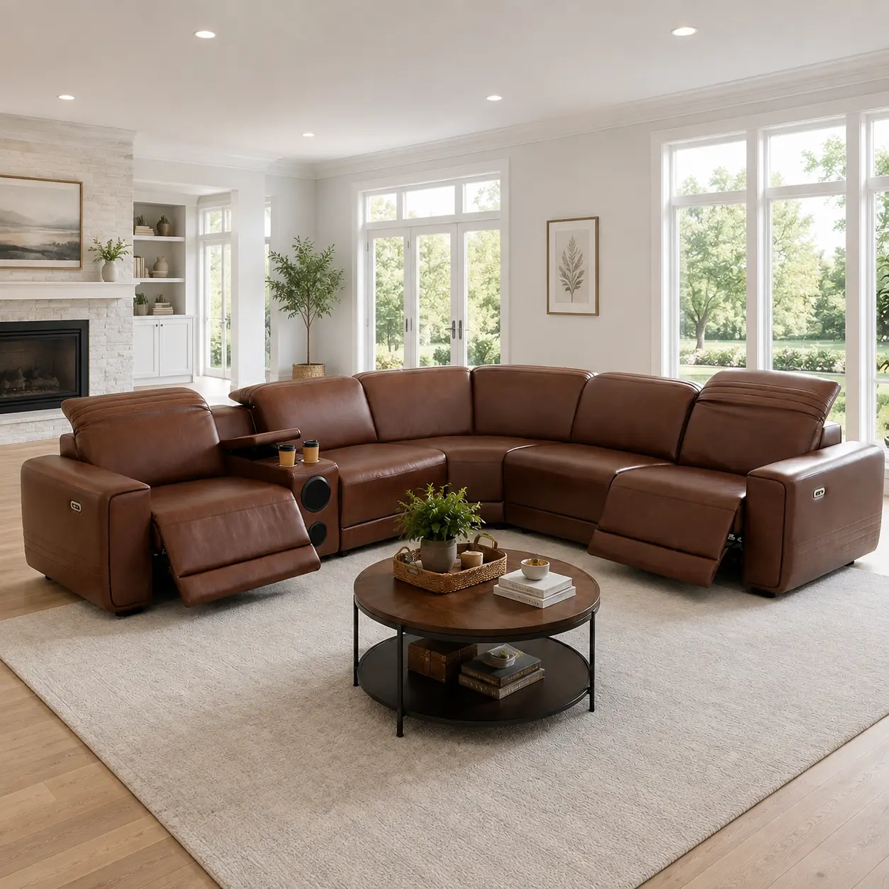 6-Piece Power Reclining Sectional Sofa, L-Shaped Semi-PU Leather Couch with Bluetooth Speakers, USB/Type-C Ports, Cup Holders and Storage Console