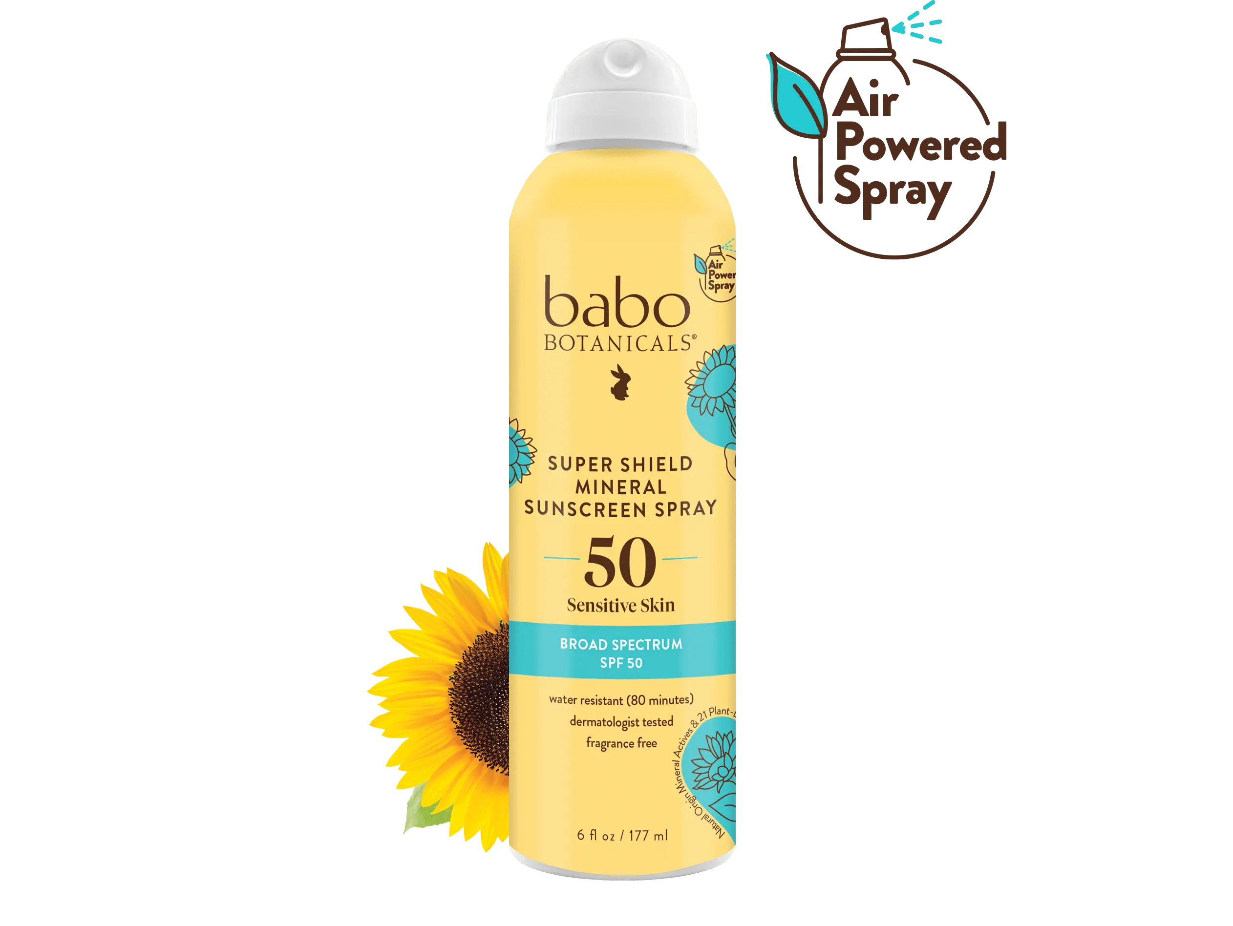 Babo Botanicals Super Shield Mineral Sunscreen Spray SPF 50 – For Sensitive Skin – Water Resistant (80 Minutes) – Dermatologist Tested – Fragrance Free – Air Powered Spray – 6 fl oz (177 ml)