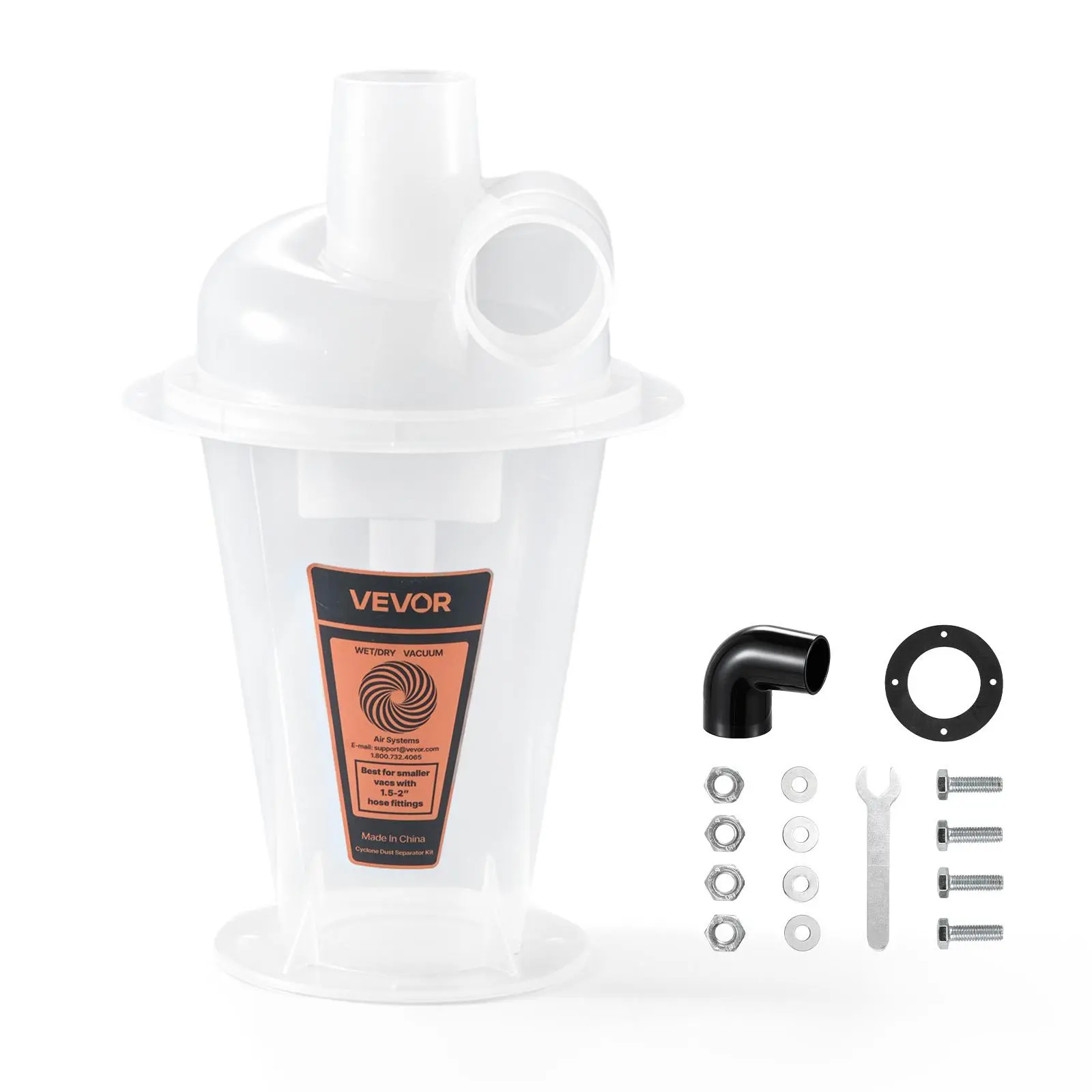 VEVOR Cyclone Dust Separator Kit, 2 in O.D. Translucent PP Dust Collector, for Woodworking & Shop Wet/Dry Vacs, Fits Various Buckets (Excluded), W/ Elbow Adapter, Hardware, Sealing Pad