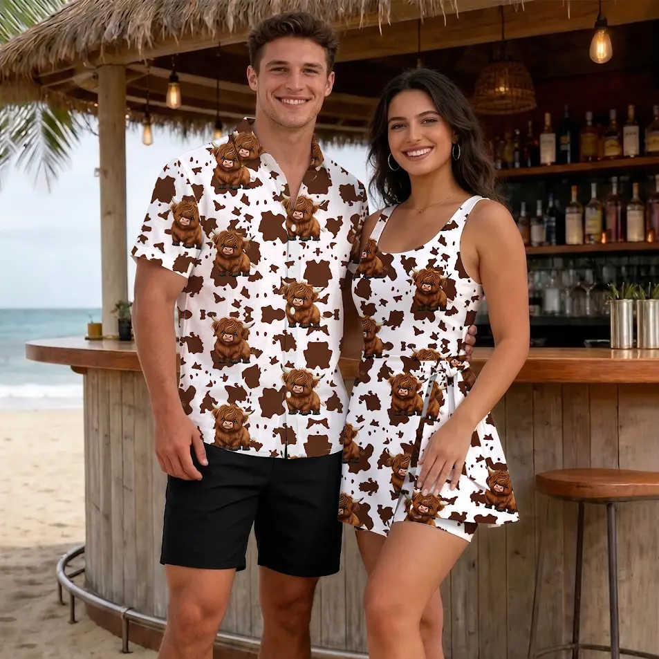 Cute Western Highland Cow Print 2026 Vacation Couple Set Dress and Shirt Hawaii, Country Farm Animal Outfit For Men Women, Fun Tropical Beach Wear Summer Holiday Travel Idea | 030426.R0744.ID01