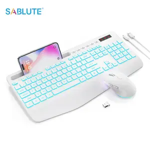 SABLUTE KL3 Wireless keyboard and mouse combination, 9 backlight effects, wrist guard, phone holder, 2.4G ergonomic keyboard with no lag, Rechargeable Silent Wireless Set for Computer, Laptop, Mac, Windows for home or office -SABLUTE(white)